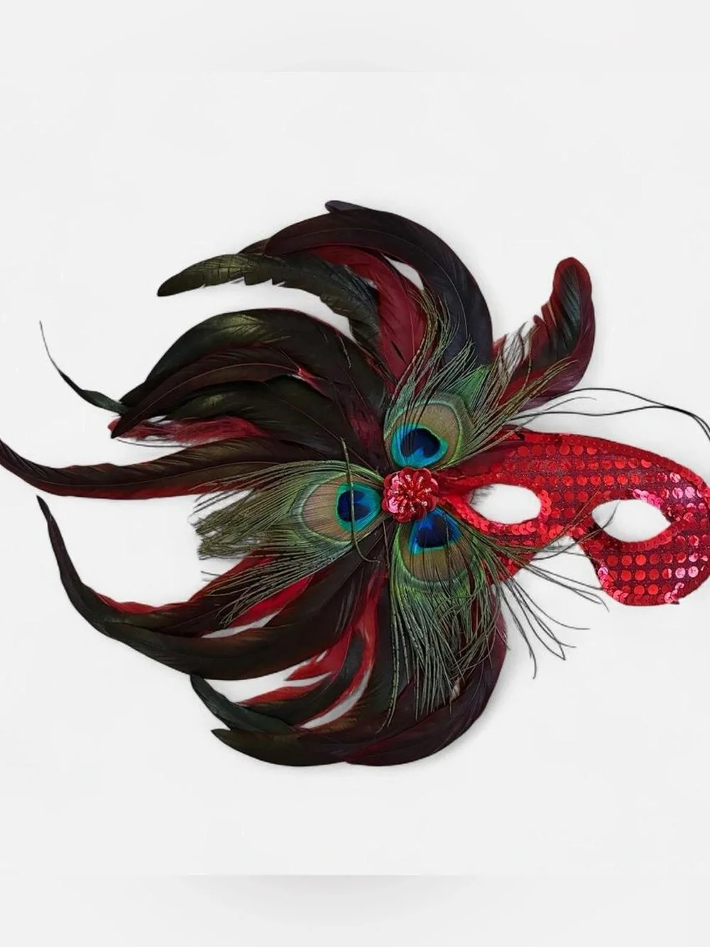 Red Sequin Peacock Feather Masquerade Mask